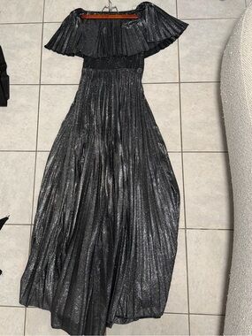 Va Va Voom Metallic Black Off-Shoulder Pleated Maxi Gown